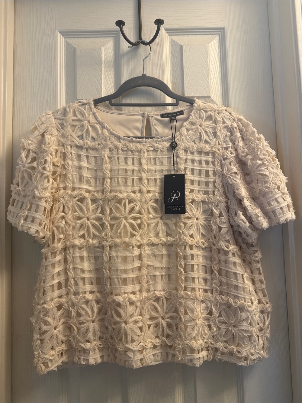 Adrianna Papell Cream Floral Crochet Short Sleeve Blouse